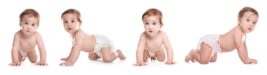 Collage with photos of cute baby crawling on white background. Banner design