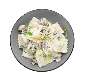 Photo of Delicious ravioli with tasty sauce and mushrooms isolated on white, top view