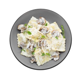 Delicious ravioli with tasty sauce and mushrooms isolated on white, top view