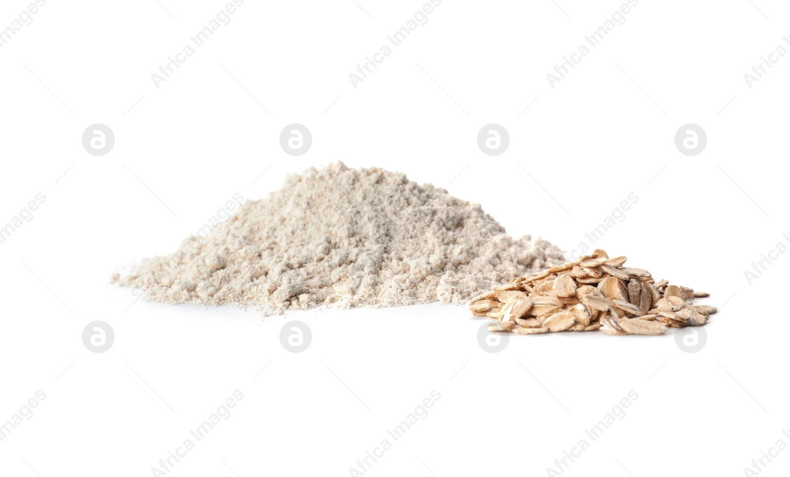 Photo of Piles of oatmeal and flour isolated on white
