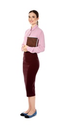 Photo of Full length portrait of young female teacher on white background