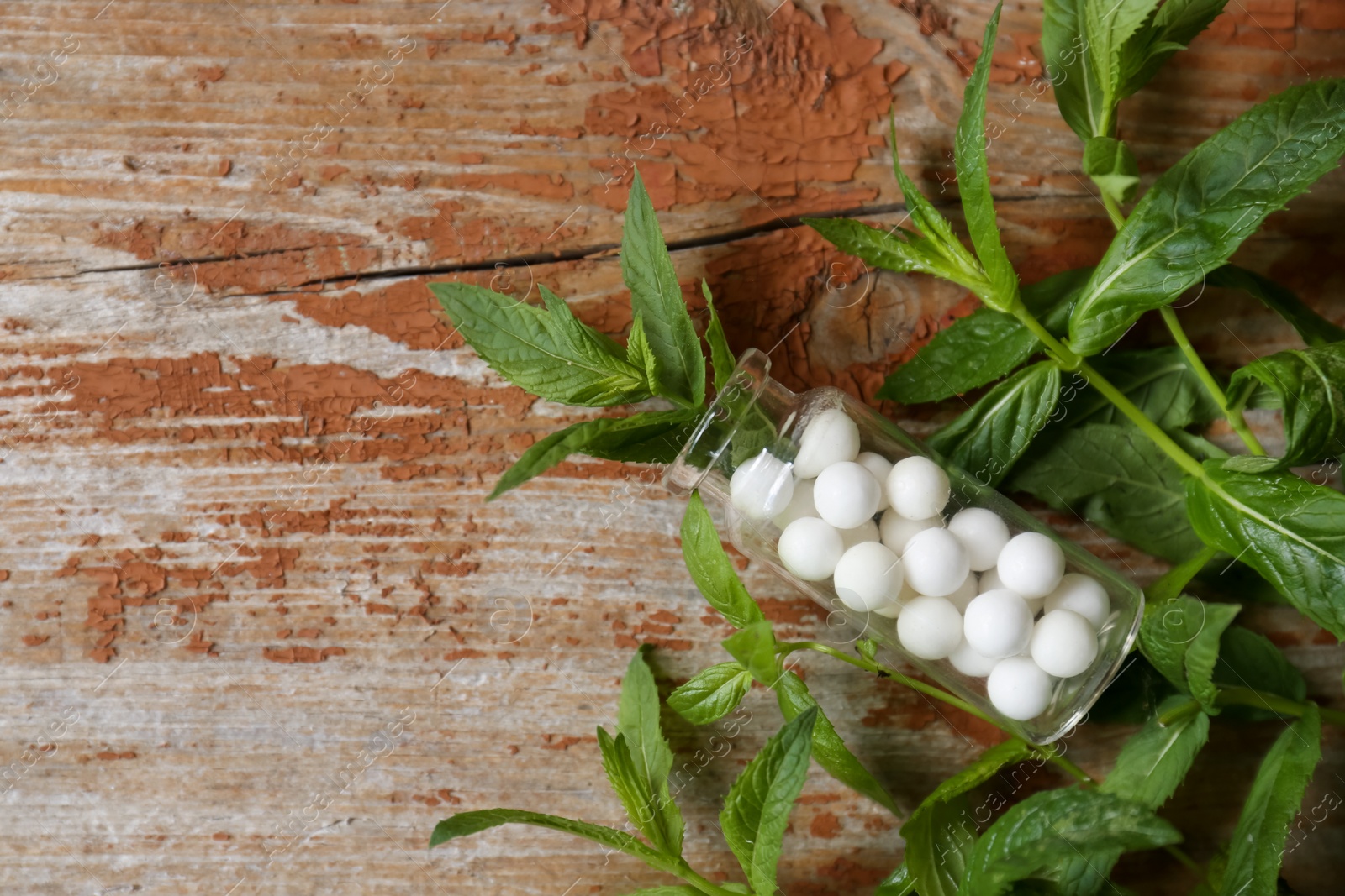 Photo of Bottle of homeopathic remedy and mint on wooden background, flat lay. Space for text