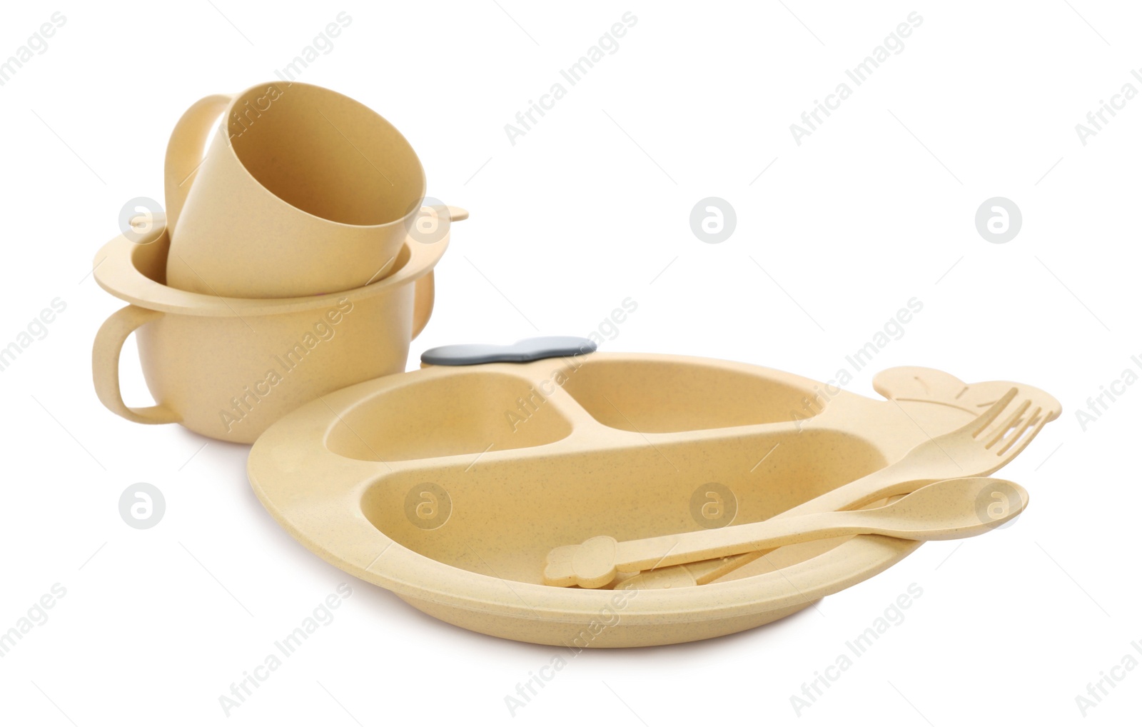 Photo of Set of plastic dishware on white background. Serving baby food