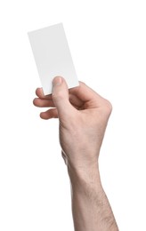 Man holding blank business card on white background, closeup