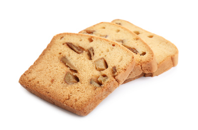 Slices of tasty pear bread isolated on white. Homemade cake