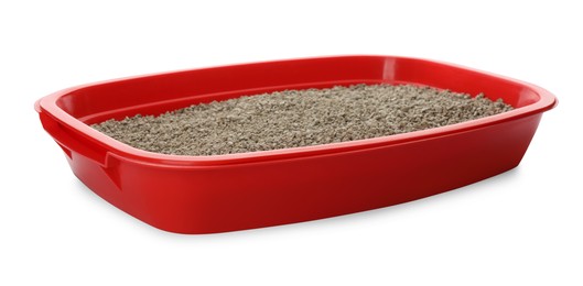 Photo of Red cat litter tray with filler isolated on white