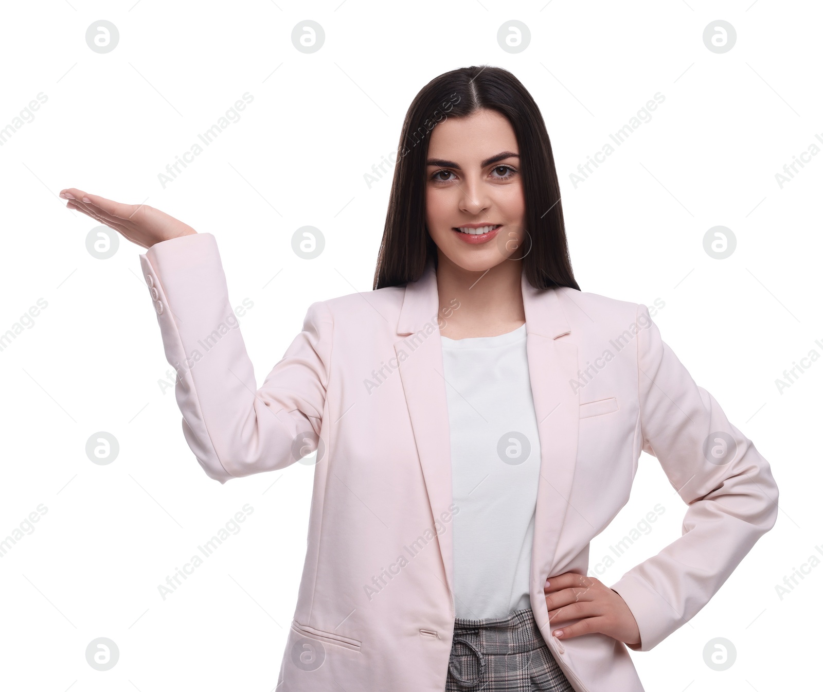 Photo of Beautiful young businesswoman posing on white background