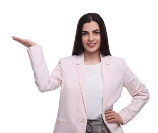 Photo of Beautiful young businesswoman posing on white background