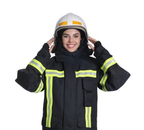 Photo of Portrait of firefighter in uniform and helmet on white background