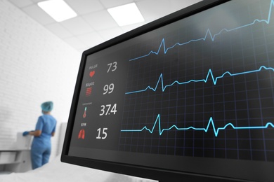 Monitor with cardiogram in hospital, focus on screen