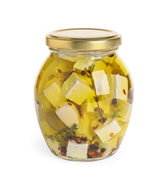 Photo of Closed jar with feta cheese marinated in oil on white background. Pickled food