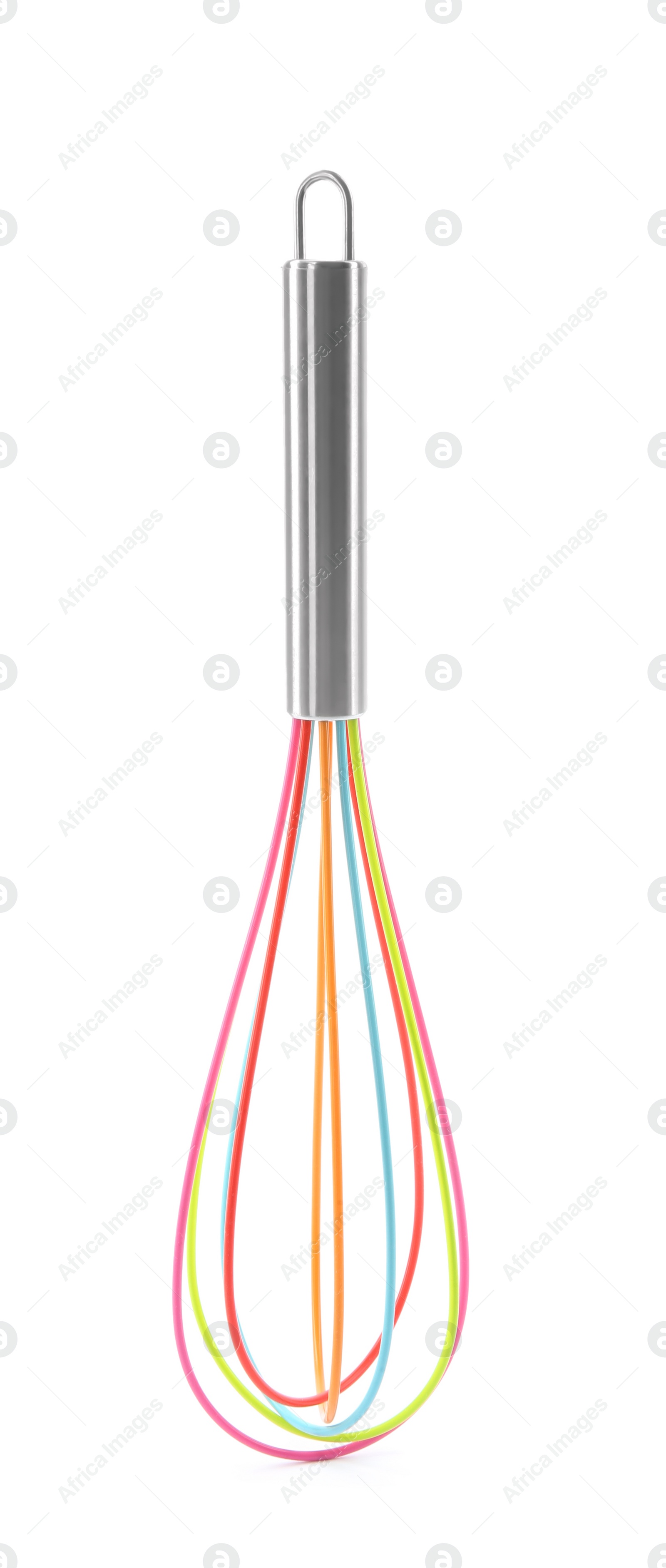 Photo of Colorful whisk isolated on white. Kitchen utensil