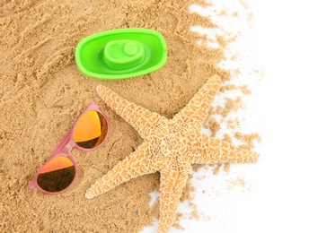 Photo of Composition with beach objects on white background, top view