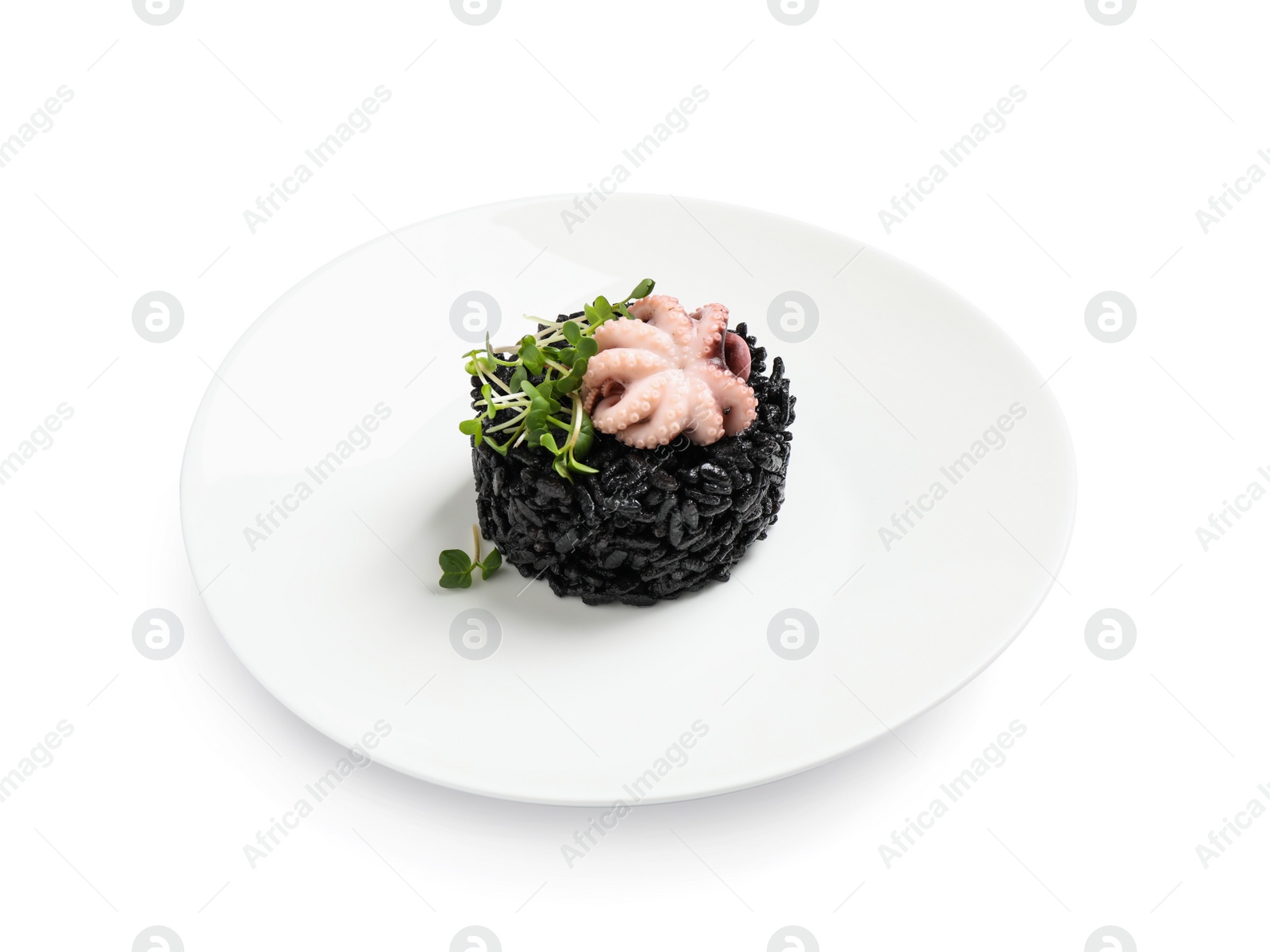 Photo of Delicious black risotto with baby octopus isolated on white