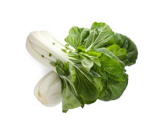 Photo of Fresh green pak choy cabbages on white background, top view