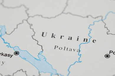 MYKOLAIV, UKRAINE - NOVEMBER 09, 2020: Poltava city marked on map of Ukraine, closeup