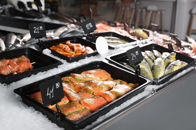 Photo of Different types of marinated fish on ice in supermarket