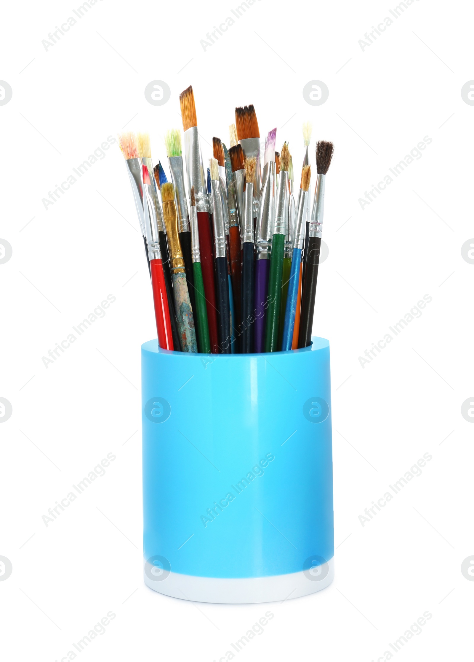 Photo of Set of paintbrushes in holder on white background
