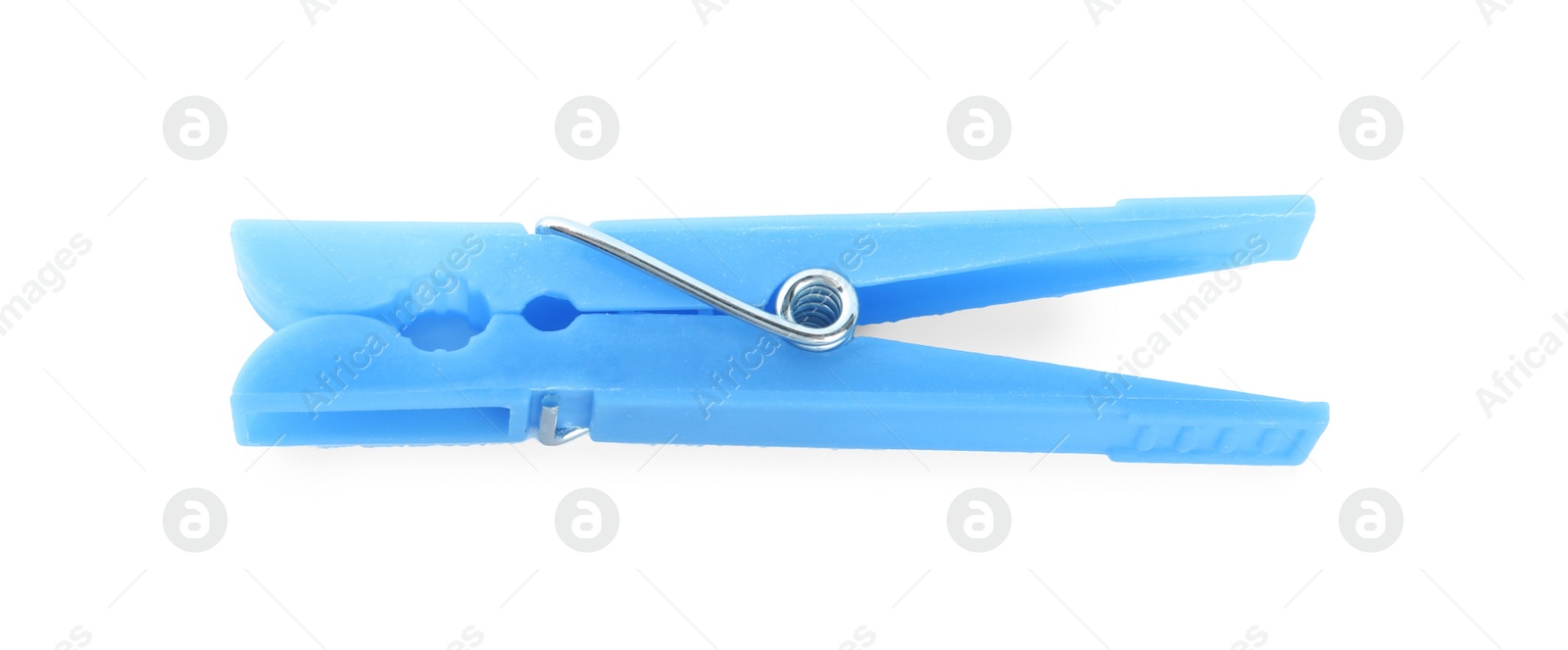 Photo of Bright light blue plastic clothespin isolated on white