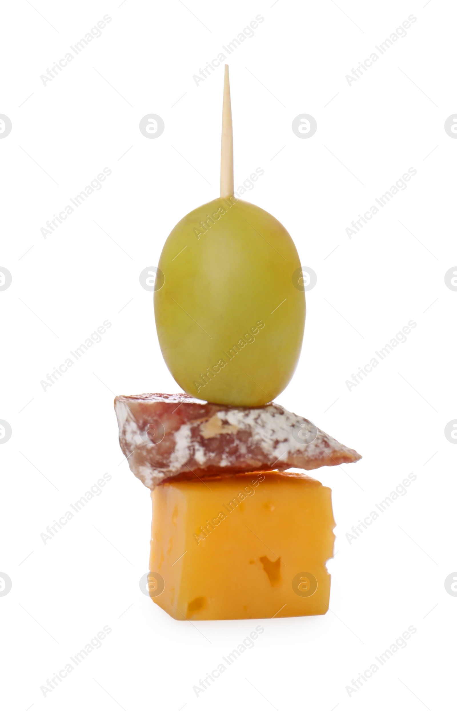 Photo of Toothpick appetizer. Tasty cheese, sausage and grape on white background