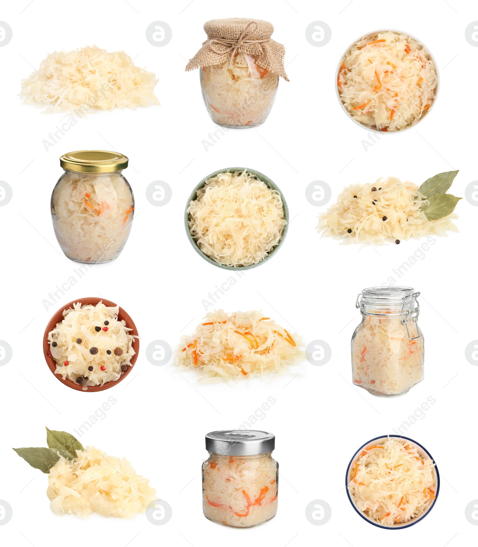 Image of Set with tasty fermented cabbage with carrot on white background