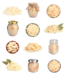 Image of Set with tasty fermented cabbage with carrot on white background