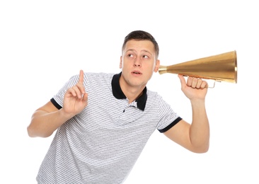 Young man with megaphone on white background