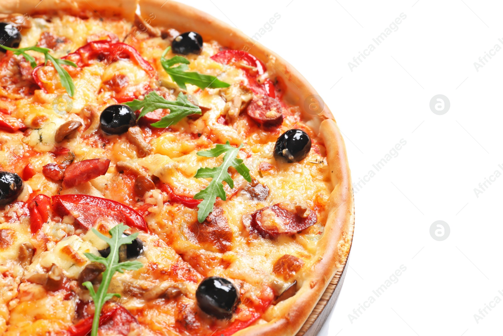 Photo of Delicious pizza with olives and sausages on white background