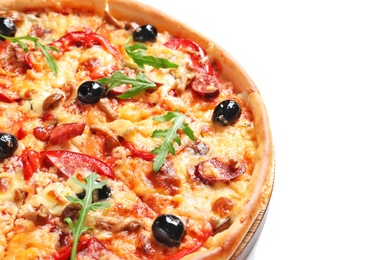 Delicious pizza with olives and sausages on white background