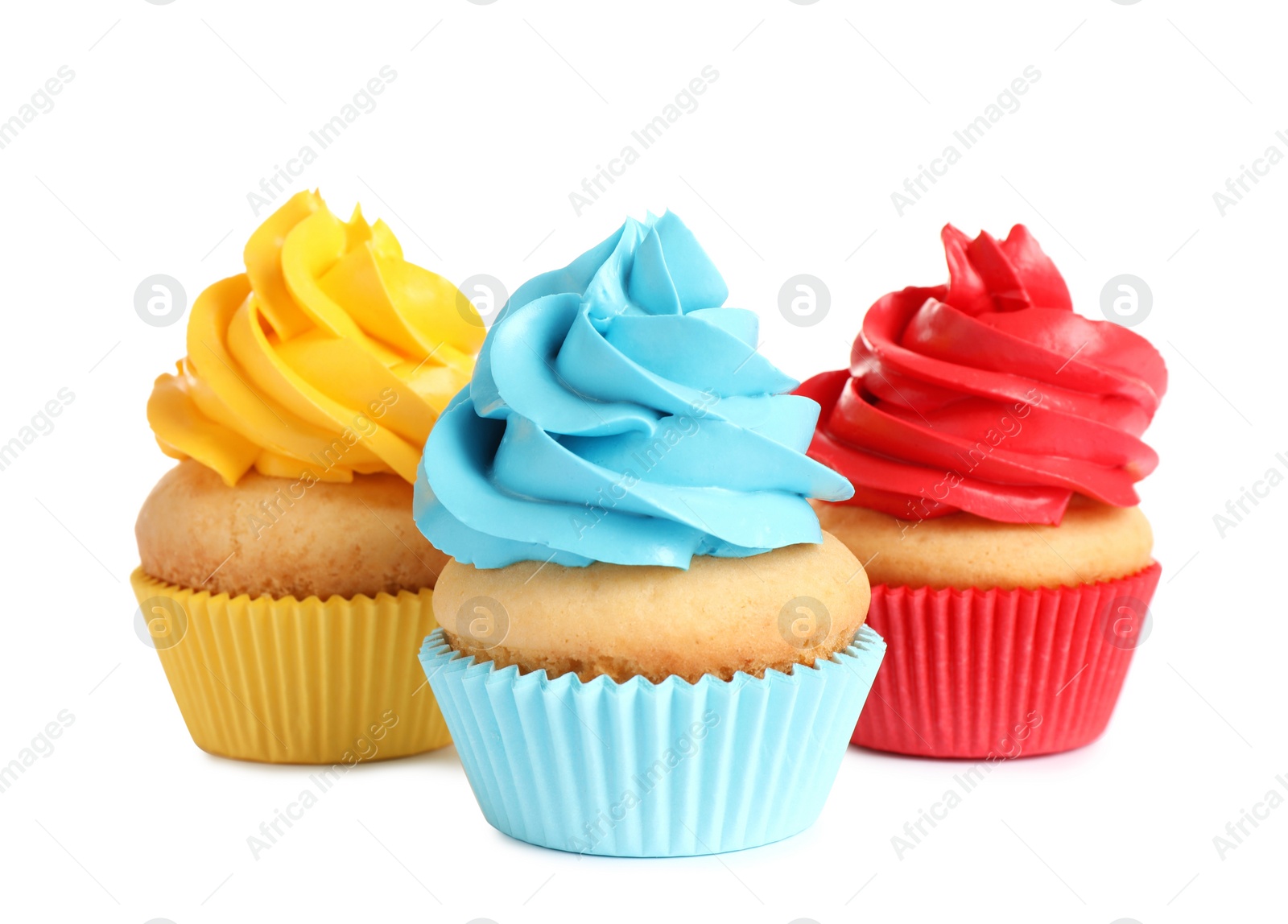 Photo of Delicious birthday cupcakes with buttercream on white background