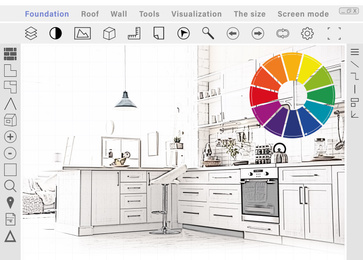 Image of Sketch of kitchen interior on graphic tablet. Illustration