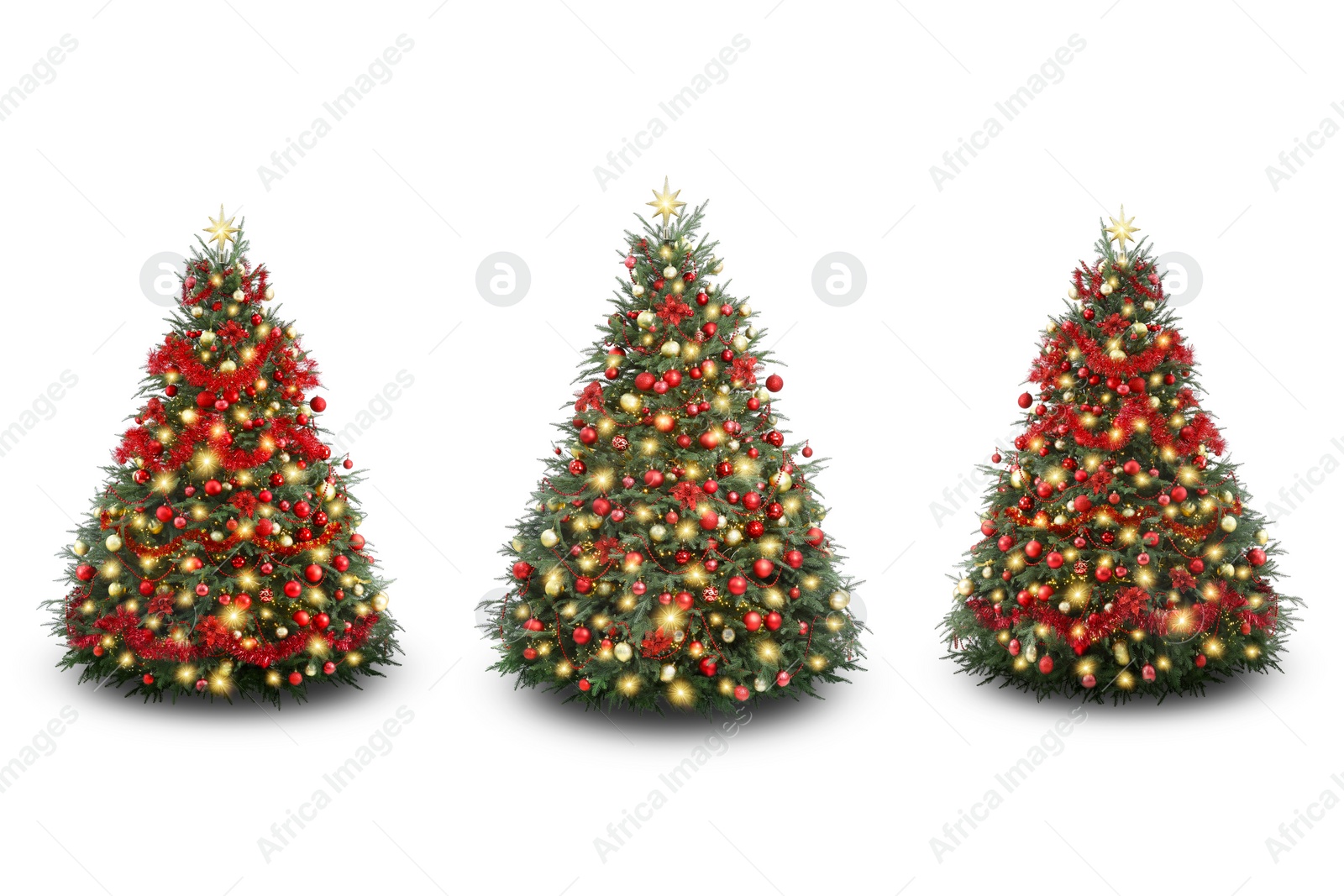 Image of Christmas trees decorated with ornaments and festive lights isolated on white, set