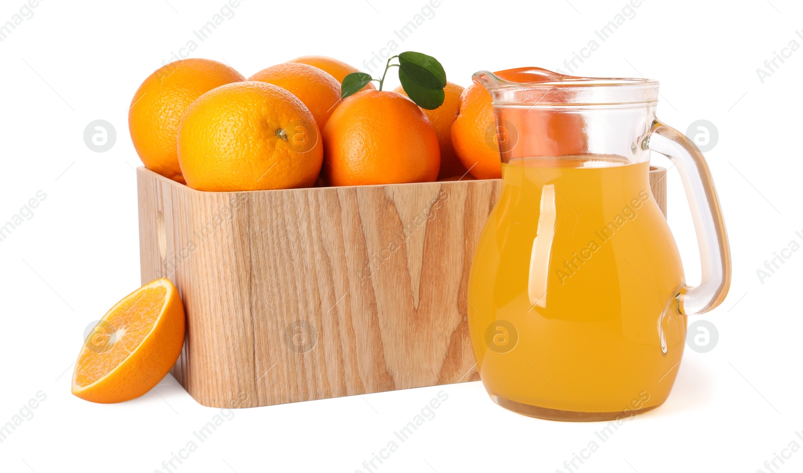 Photo of Fresh oranges in wooden crate and juice isolated on white