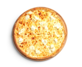 Tasty hot cheese pizza on white background