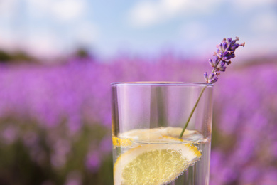 Photo of Lemonade with lemon slices and lavender flowers outdoors, closeup