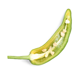 Photo of Cut green hot chili pepper on white background, top view