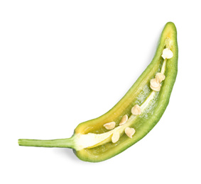 Cut green hot chili pepper on white background, top view