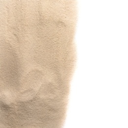 Photo of Heap of dry beach sand on white background, top view