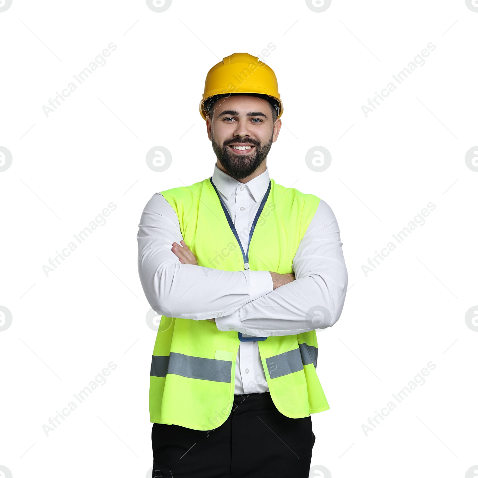 Photo of Engineer in hard hat on white background