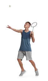 Photo of Young man playing badminton with racket and shuttlecock on white background