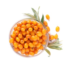 Fresh ripe sea buckthorn berries in bowl on white background, top view