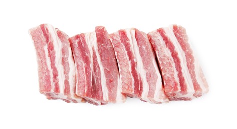 Cut raw pork ribs isolated on white, top view