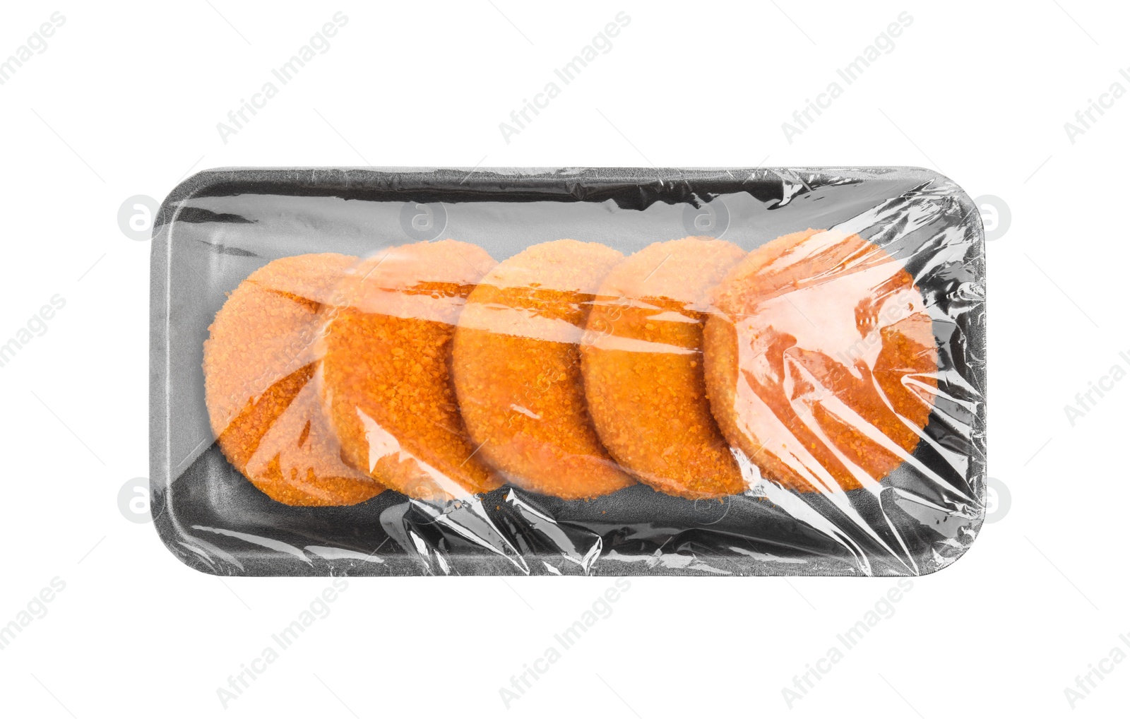 Photo of Uncooked breaded cutlets on white background, top view. Freshly frozen semi-finished product