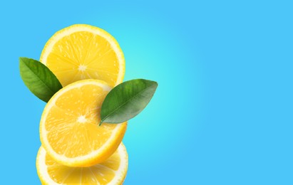 Image of Cut fresh lemons with green leaves on deep sky blue background, space for text