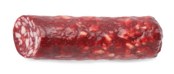 Half of delicious smoked sausage isolated on white, top view