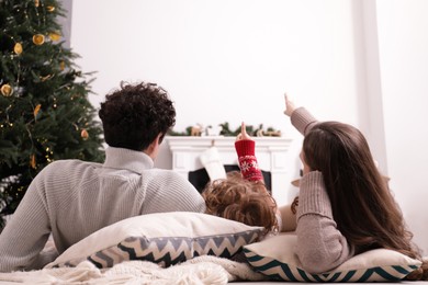 Family watching movie via video projector at home, back view