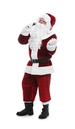 Photo of Santa Claus singing with microphone on white background. Christmas music