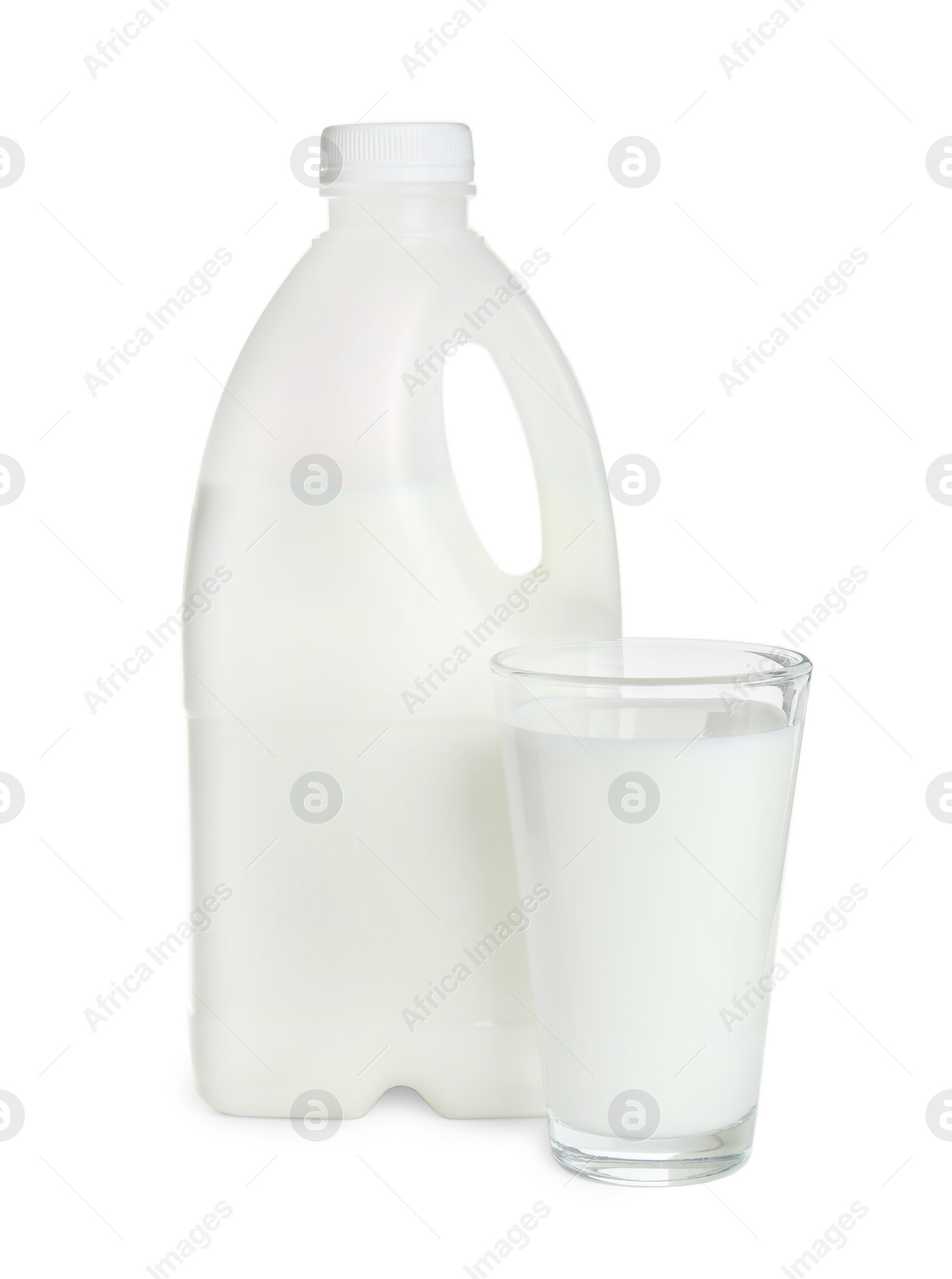 Photo of Gallon bottle and glass of milk on white background