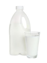 Photo of Gallon bottle and glass of milk on white background