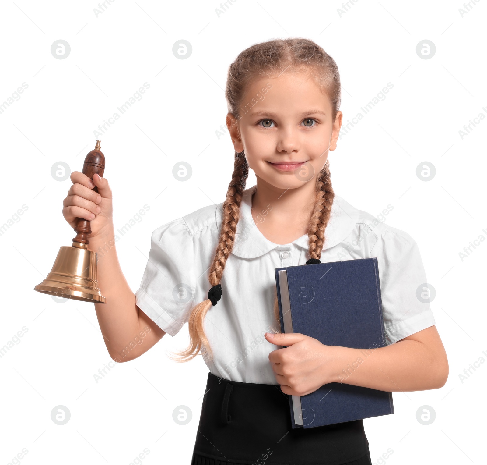 Photo of Pupil with school bell on white background